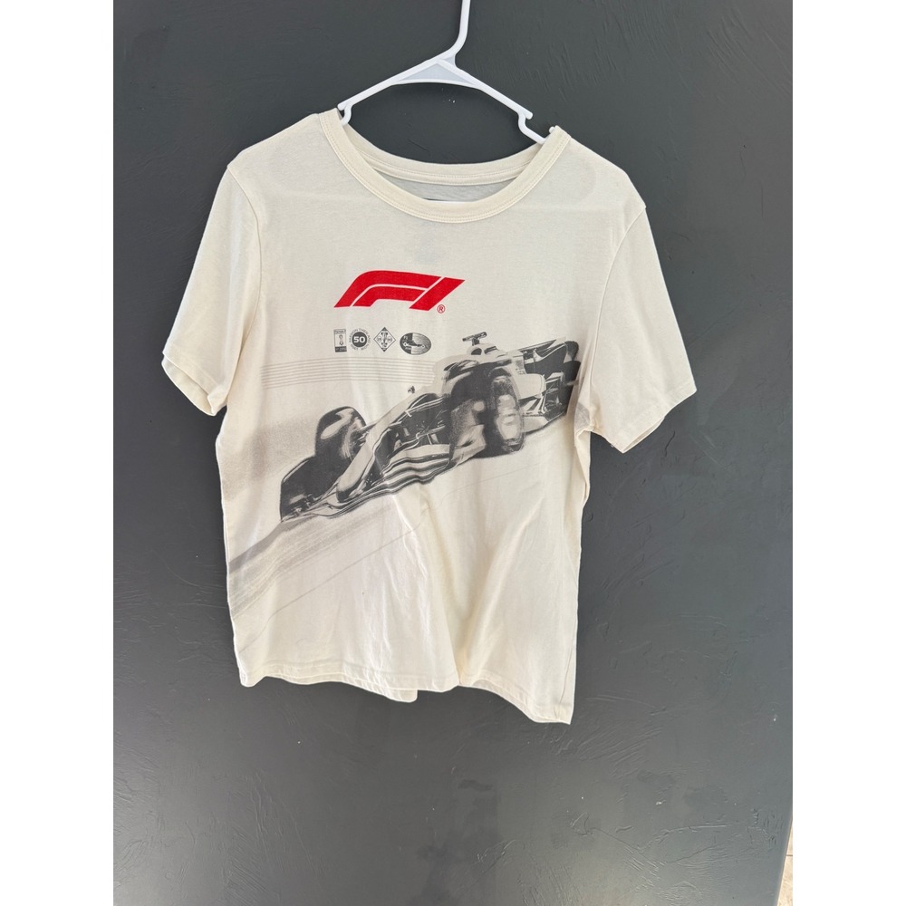 Formula 1 F1 Racing Graphic T-Shirt Mens Large Cream Hybrid Apparel Short Sleeve